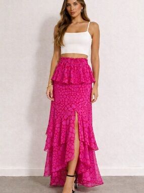 MISA Los Angeles Lupe Lucia Maxi Skirt Pink Ruffle Slit XS NWT Resort Vacation